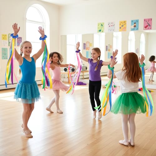 Image of VioraWhite 12 Pcs Rainbow Dance Ribbons Rainbow Rhythm Ribbons Wrist Streamers Hand Held Rhythm Streamers Gymnastics Dance Decorations for Kid Adult, Assorted Color (0.8 x 19.7 Inch,Multiple Colors)