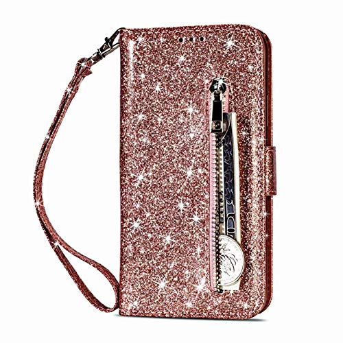 Preisvergleich Produktbild Homikon PU Leder Hülle Schön Bling Glänzend Glitzer Schutzhülle Brieftasche Ledertasche Bookstyle Lanyard Zipper-Funktion Handyhülle Lederhülle Etui Kompatibel mit iPhone XR 6.1" - Roségold
