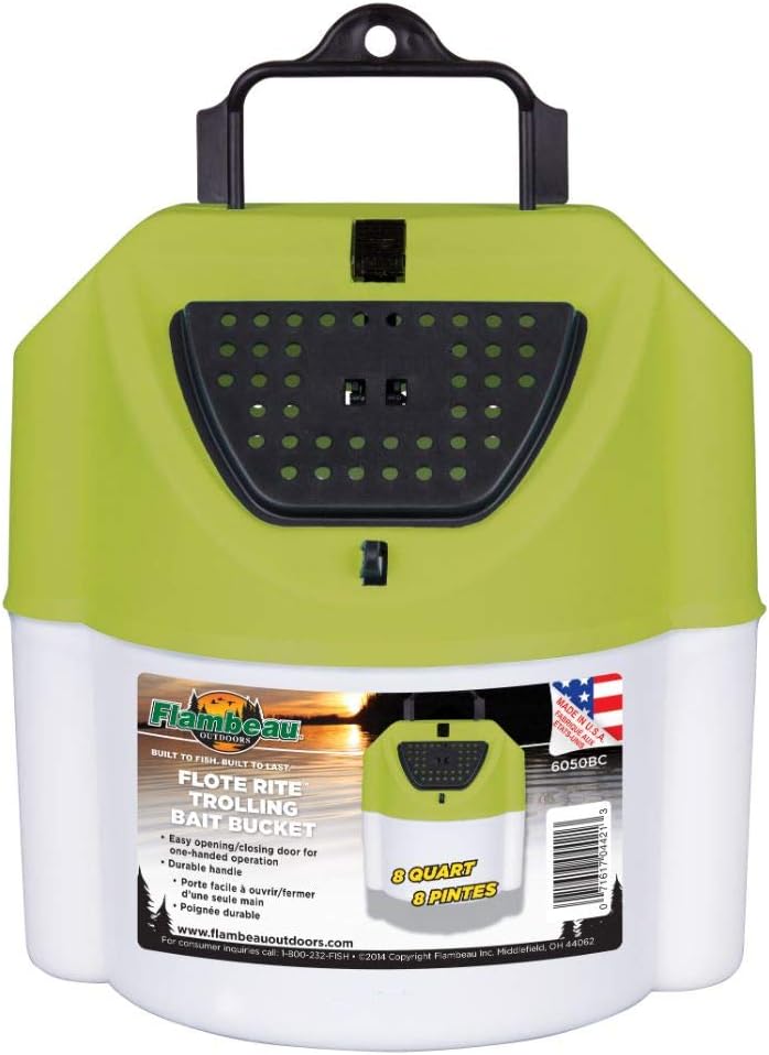 Flambeau Outdoors 6050BC Flote Rite 8 QT. Trolling Live Bait Bucket, Tie-Off Fishing Storage, Lime Green/White