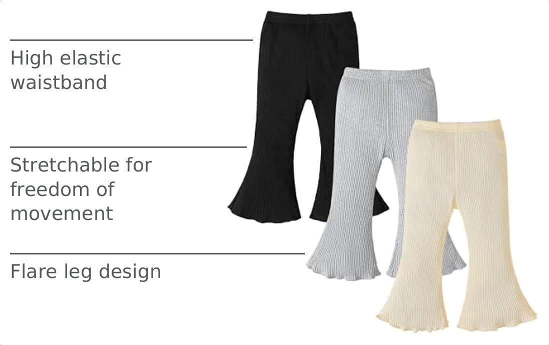 3 Pack Baby Girl Pants: Infant Solid Ribbed Flare Pants Cotton Pull On Bottoms Leggings for Toddler 0-24 Months