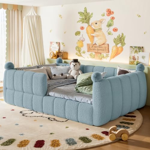 KEIKI Full Size Upholstered Montessori Floor Bed Frame with Full Surround Safety Rails, for Girls & Boys, Teddy Fleece Floor Bed with Slat, Easy Assembly, No Box Spring Required, for Bedroom, Blue
