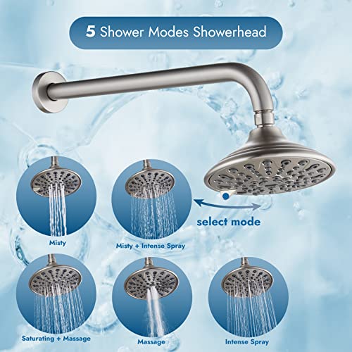Cinwiny Shower System With Tub Spout Brushed Nickel Wall Mounted 5-Setting 6”Shower Head Shower Faucet Set With Tub Filler One Handle 2 Function Shower Trim Kit With Pressure Balancing Rough-In Valve #TOP4