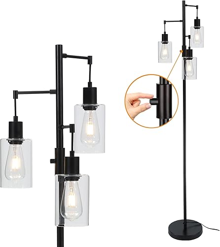 Lámpara de pie de 3 luces, lámpara industrial de árbol para sala de estar, dormitorio, moderna lámpara de pie regulable negra, poste alto con
