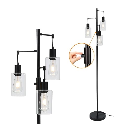 Liylan 3 Lights Floor Lamp, Industrial Tree Lamp for Living Room Bedroom, Black Modern Dimmable Farmhouse Standing Lamp, Tall Pole with Clear Glass Shade - Black