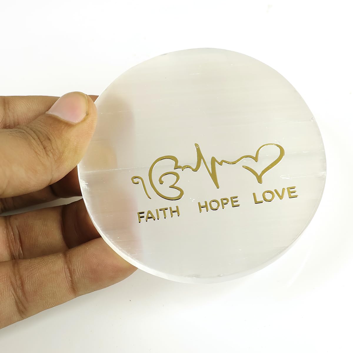 Reiki Crystal Products Selenite Charging Plate Coaster with Faith Hope Love Symbol | Natural Crystal Stone for Reiki Healing | Charging Plate for Stones Size 7.6 cm (3 inch) (B0CGWX753T) Amazon Price History, Amazon Price Tracker