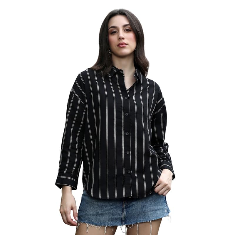 Campus Sutra Women's Shirt | Spread Collar, Long Button-Cuff Sleeves, Button Closure | Stripes Dobby Woven Shirt for Casual Onyx Black in black