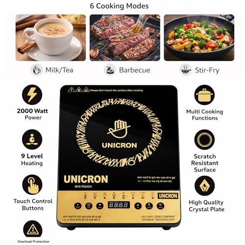 Image of UNICRON 2000 Watts Cooktop | Preset Indian Menu Options & Timer | Compatible With Metal Cookware With Flat Surface