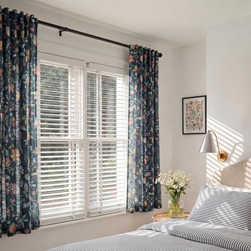 Image of jinchan Dark Blue Floral Linen Curtains 63 Inch Vintage Back Tab 2 Panels