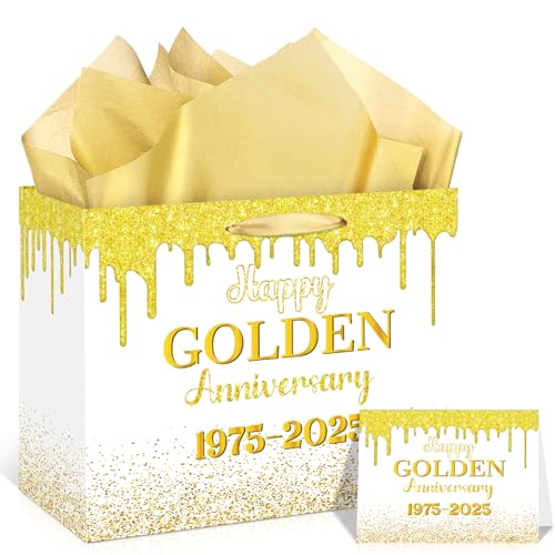 EST 2025 Happy 50th Anniversary Paper Gift Bag with Card and Tissue Paper, White Gold Happy Golden...