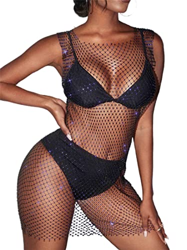 Formery Sexy Mesh Swimsuit Cover Ups Sheer Rhinestone Beach Sleeveless Coverups Fishnet Hollow Out Dress Body Chains