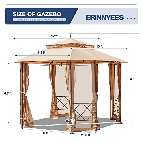 Erinnyees 12'X10' Patio Gazebo, Heavy Duty Outdoor Canopy With Mesh Curtains And Safety Bars, Canopy Tent With Waterproof Double Roof Tops, For Garden, Backyard,Parties, Deck, Khaki #TOP1