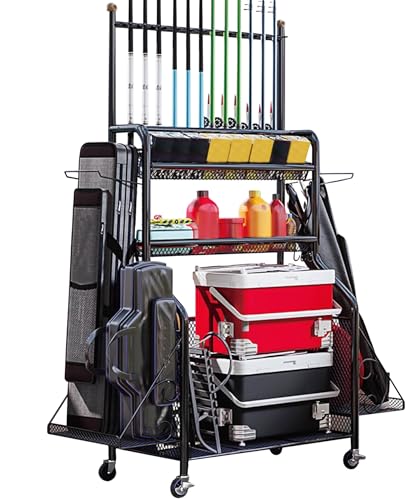 Uxwuy Fishing Rod Holders for Garage Fishing Gear and Equipment Organizers Fishing Pole Holders with Wheels for 12 Rods Rotating Tackle Storage Cart Fishing Rod Rack Cart