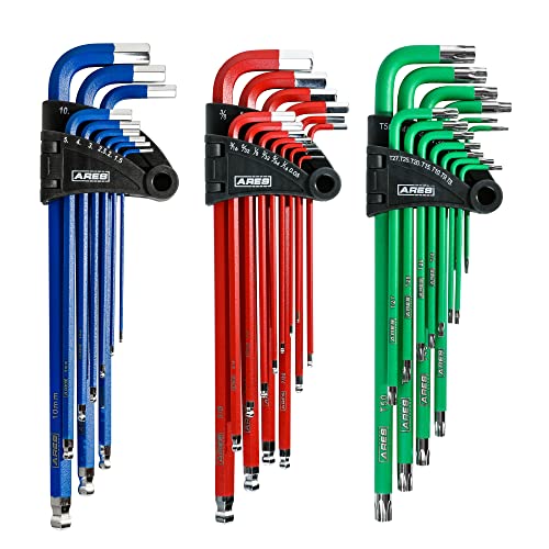 Ares 9-Piece Metric Long Arm Hex Key Wrench Set, 13-Piece Sae Long Arm Hex Key Wrench Set, And 13-Piece Extra Long Arm Star Key Wrench Set - Chrome Finish With High Visibility Anti-Slip Coating #TOP6