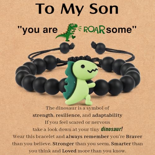 COLORFUL BLING Dinosaur Bracelet for Son/Grandson on School Day/Frist Day/Birthday Cute Cartoon Dinosaur Beaded Strand Bracelet Adjustable Animal Inspirational Bracelet-Style 1