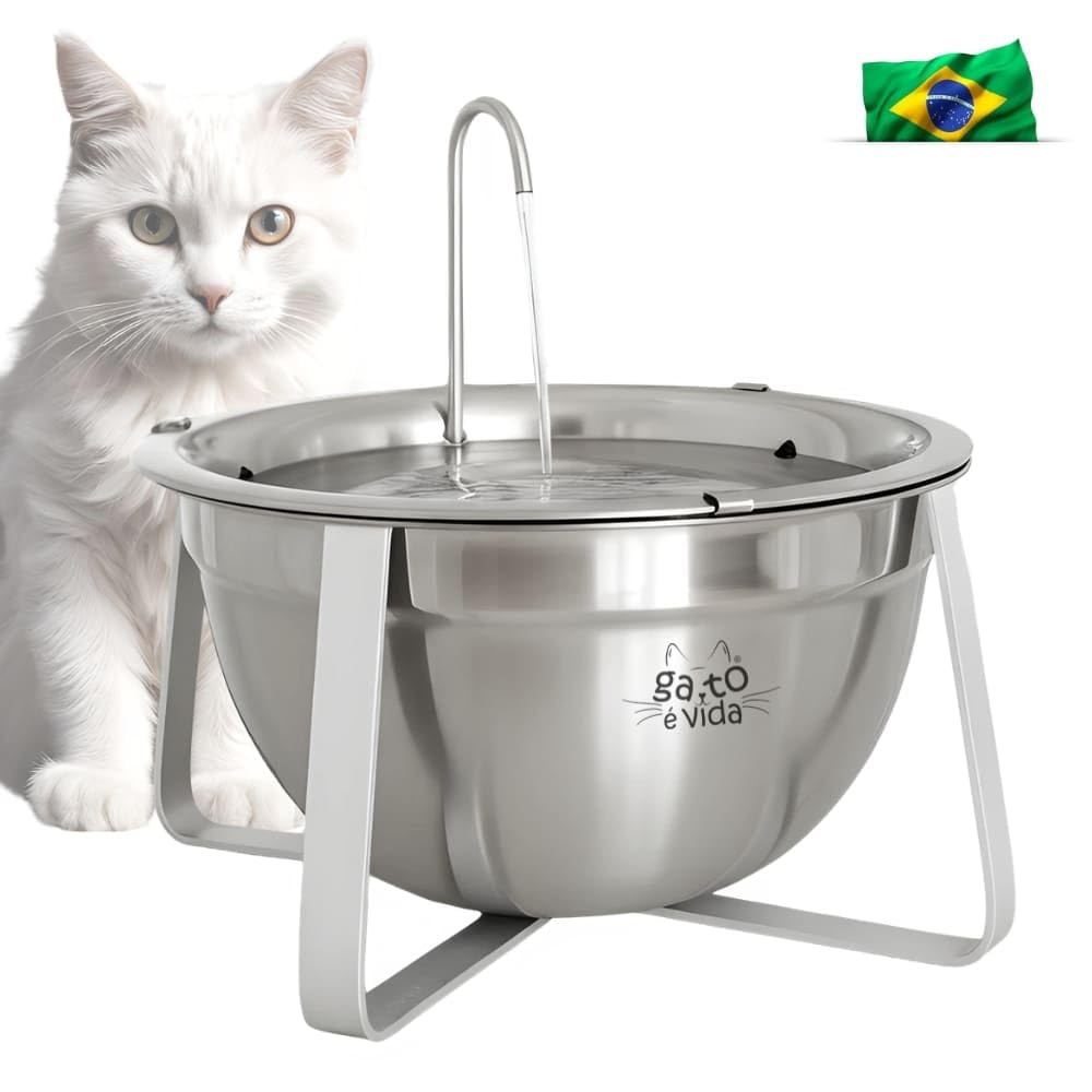 Fonte Bebedouro Para Gatos Inox 2 Litros com Filtro de Carvão Ativado + Suporte - Gato é