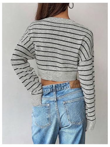 Image of Verdusa Women's Striped Y2k Crop Sweaters Crew Neck Long Sleeve Pullover Knitted Tops