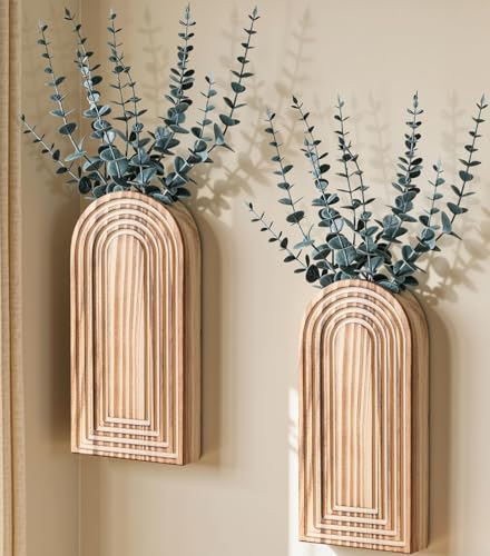 DREAMLOOM 2 Pack Wooden Wall Vases with Eucalyptus Artificial Plants Wall Hanging Planters Boho Modern Farmhouse Indoor for Narrow Spaces Entryway Bathroom Home Office Decoration Brown