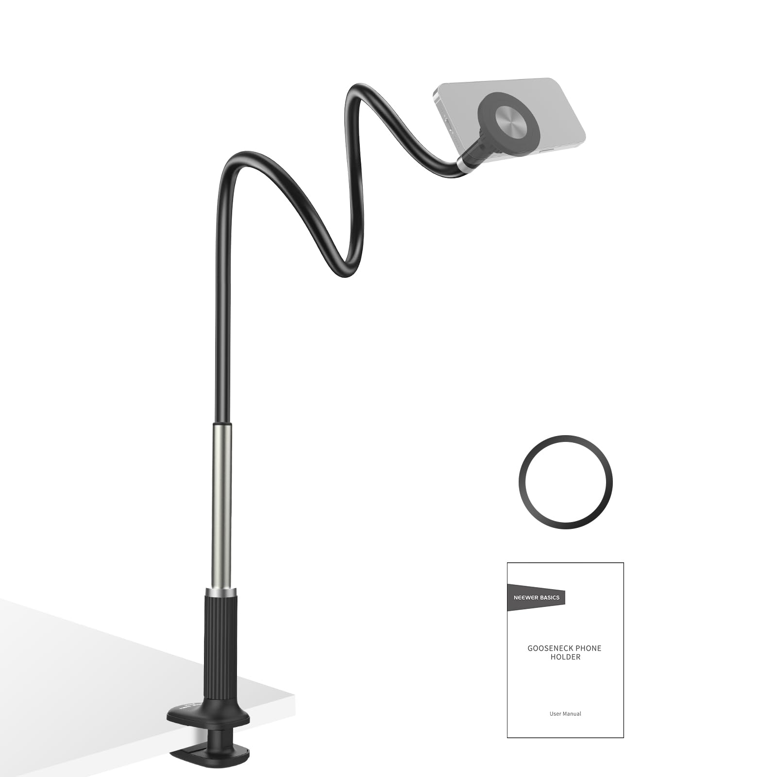 NEEWER Basics Support Magnétique pour Téléphone, Fixation à 360° pour Bureau, Bras Flexible, Compatible MagSafe iPhone Android et Samsung, Idéal pour l'Enregistrement Vidéo au Lit, PA151 Noir