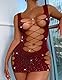 RSLOVE Damen Kurzes Kleid aus Fischnetz mit Strasssteinen Sexy Bodycon Minikleid Dunkles Burgunderrot Einheitsgröße