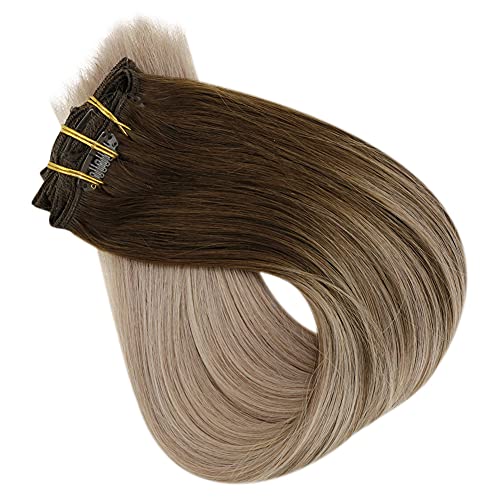 Image of Full Shine Clip in Real Hair Extensions, Medium Brown to Blonde, 18 Inch | Clip in Extensions Real Human Hair, Natural Blend, Adds Length, Silky Straight, Daily Styling, Heat Friendly, 120g 7 Pcs