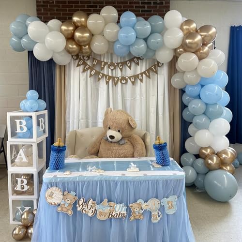 Image of Dusty Blue Balloons, 55 PCS 12 Inch Baby Haze Blue Balloon Sand White Balloons with Metallic Gold Balloon for Boho Baby Shower Birthday Wedding Bridal Shower Gender Reveal Party Decorations