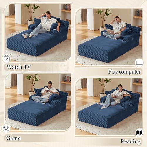 Image of 80 Inch Chaise Lounge Chair Indoor, Oversized Corduroy Upholstered Boneless Sofa Bed, Deep Seat Sleeper Couch Reading Chairs, Cloud Sofas Couches for Living Room, No Assembly Required (Blue)