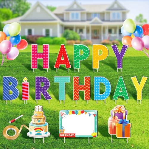 Remiawy Happy Birthday Yard Sign with Stakes - 16pcs Happy Birthday Yard Sign, Personalized Yard Birthday Signs Colorful Weatherproof Birthday Lawn Sign for Outdoor Yard Decorations Garden Party