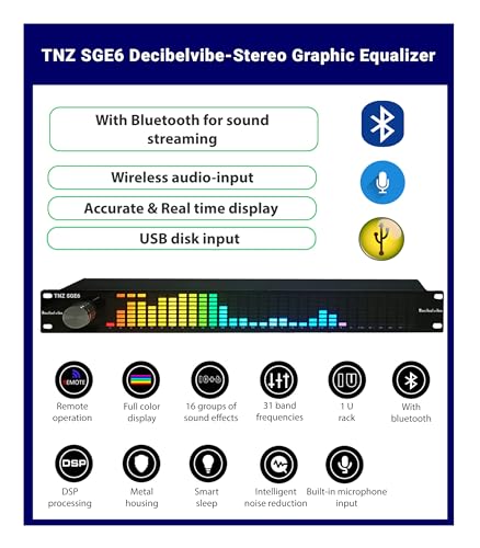 Decibelvibe TNZ SGE6 – Audio-Grafik-Equalizer mit Cinch-Eingang/Ausgang + 3,5-mm-Klinkenstecker, kabelloser Eingang über EIN integriertes Mikrofon, USB- und Bluetooth-Eingang, Audio-Vorverstärker für