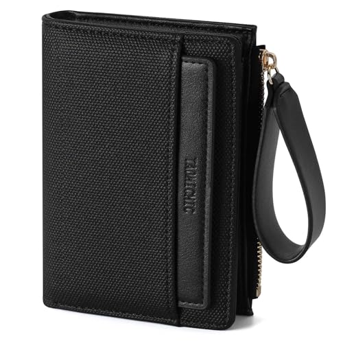 RRANCharltu Geldbörse Damen aus weichem Leder, Portemonnaie Damen klein Geldbeutel klein mit viele Kartenhalter Geldbörse mittelgroß mit Reißverschluss-Armband und Münzfach, Schwarz