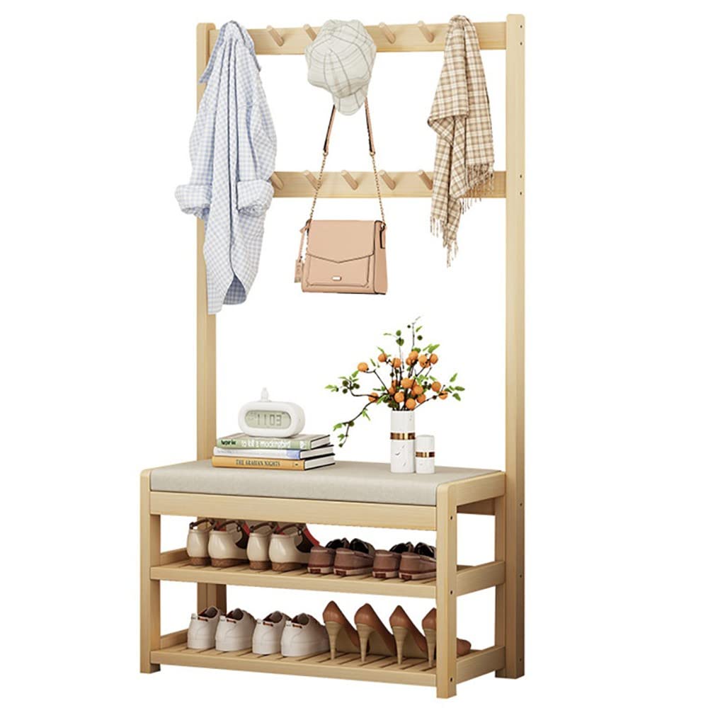 Portemanteau en bois avec banc à chaussures et 5 crochets pour entrée