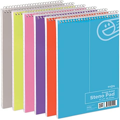 Enday Steno Pads Spirale 15,2 x 22,9 cm, weißes Papier, 80 Blatt Steno Notizbuch zum Schreiben in Rosa, Lila, Grün, Blau, Rot, Grau, Mehrfarbig (6 Stück) Cover