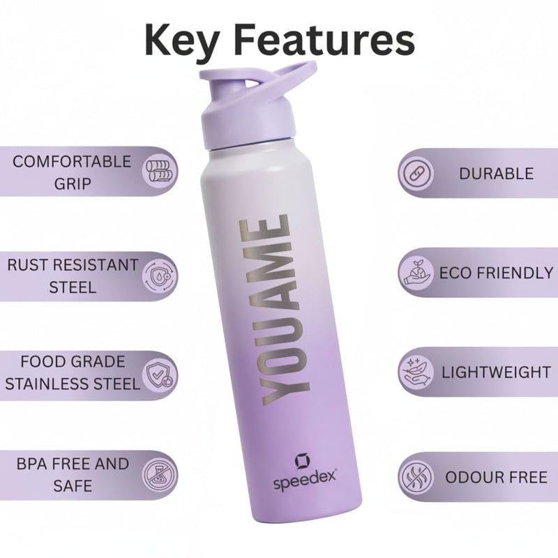 Image of Speedex Engraved Name Stainless Steel Sipper Water Bottle 1 Ltr - Customised Personalised Bottle for Kids & Adults, School, Gym, Sports, Dual Purple, Set of 1