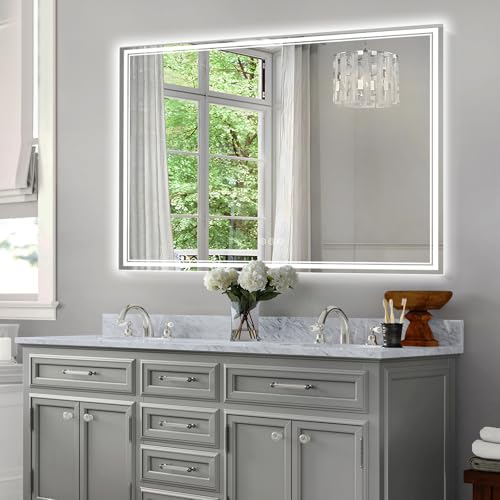 Image of 48x30 Inch LED Bathroom Mirror with Frontlit & Backlit（Independent Control）, Lighted Mirror for Bathroom Wall with 3-Color Dimmable & Anti-Fog, Vanity Mirror with Lights