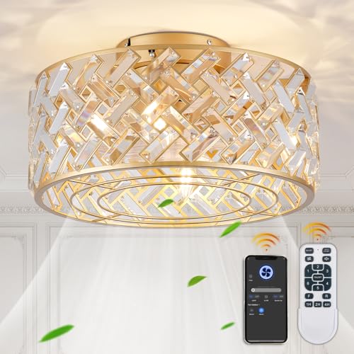 Image of 18 Inch Caged Ceiling Fans with Lights, Low Profile Crystal Fandelier Ceiling Fan with Lights and Remote & App Control for Low Ceilings Flush Mount Installation Indoor, Bulb Included Gold