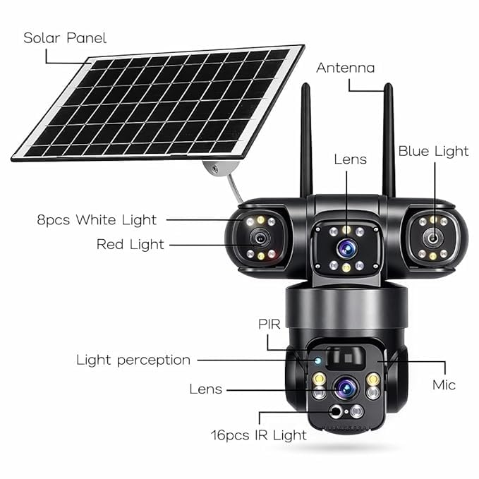 Image of JB Supar 3 Lens Solar 4G Powered PTZ Outdoor CCTV Camera | 360 View | Color Night Vision | Two Way Audio | 4G SIM-Based Security Camera for Home with Mobile App V380 Pro (3 Lens Solar)