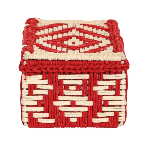 Image of Kaahira Handmade Decorative Storage Box and Organiser | Macrame Gift Hamper Box for Cosmetics, Toiletries & Return Gifts | Aesthetic Rope Woven Organizer (Red and White, Small - 9x6x4 inches)