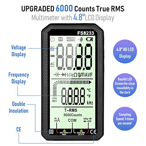 Image of Digital Multimeter - WOOKLEA Auto-Ranging Volt Tester 6000 Counts TRMS 4.8'' Display | Accurately Fast Measures Voltage Current Capacitance Continuity Resistance Temperature Diodes NCV (Black)