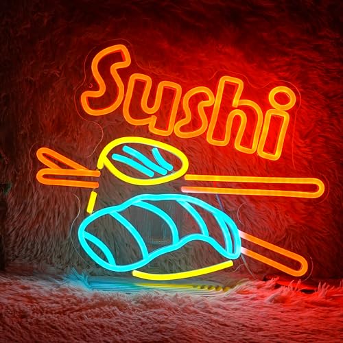 Dimmable Sushi Neon Sign 16.5 * 12.6 Inch LED Sushi Light Up Sign For Wall Decor USB Powered Japanese Neon Light for Sushi Shop Restaurant Home Kitchen Party ?Yellow Ice Blue Orange?