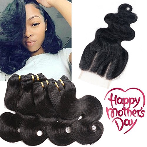 Body Wave 3 Bundles with Closure,10 12 14 and 8 Inch 10A Brazilian Body Wave Human Hair Bundles with Free Part 4x4 Lace Closure,100% Unprocessed Virgin Human Hair Weave Weft for Black Women
