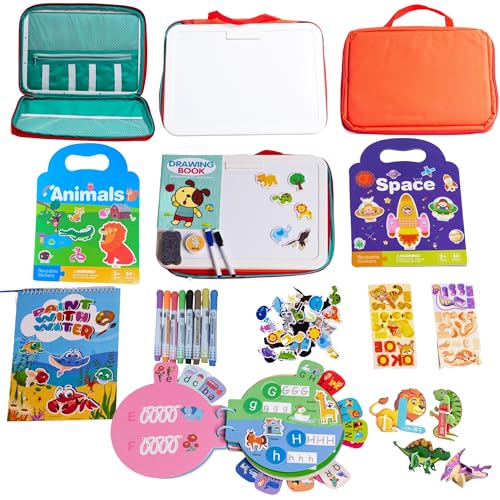Preschool Busy Book – Travel Coloring Kit for Kids and Reusable Stickers, Montessori Water Coloring Book & Dry Erase Board, Busy Book for Toddlers 3–5, Airplane Activities for Ages 4–8