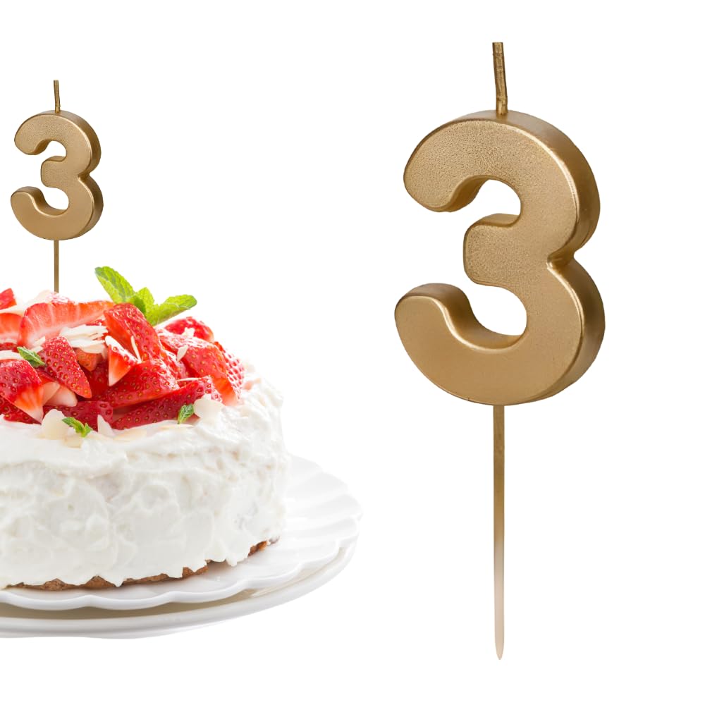 PartyDeco Birthday Candle for a Cake Cyferka Cyfra 3 Metallic Gold 5 cm
