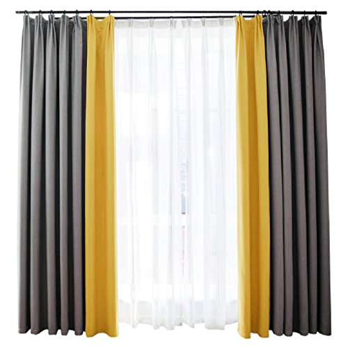 Nclon Dos Colores Empalme Cortina Cortinas,Algodón Cáñamo Blackout oscurecentes Opacas Dormitorio Sala de Estar Cortina Cortinas Alzapaños Lazos-Gris + Amarillo 1 Panel W200cm*D270cm