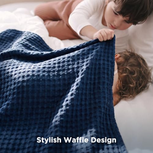 Image of Bedsure Cooling Cotton Waffle Queen Size Blanket - Lightweight Breathable Summer Blanket of Rayon Derived from Bamboo for Hot Sleepers, Luxury Throws for Bed, Couch and Sofa, Navy, 90x90 Inches