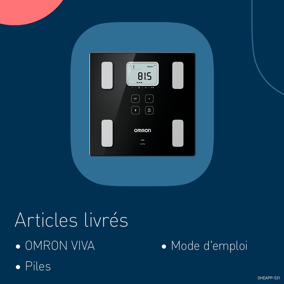 OMRON VIVA, balance pour mesurer poids, graisse viscérale, muscles, métabolisme, IMC avec résultats précis et synchronisation Bluetooth via l'application OMRON Connect