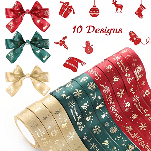 10 Rolls 100 Yards Christmas Ribbon 1 Inch Wide Metallic Satin Ribbon Glitter Grosgrain Ribbon Snowflake Leave Wrapping Ribbon Red Green Gold Curling Ribbon for Holiday DIY Crafts Sewing Wedding Party