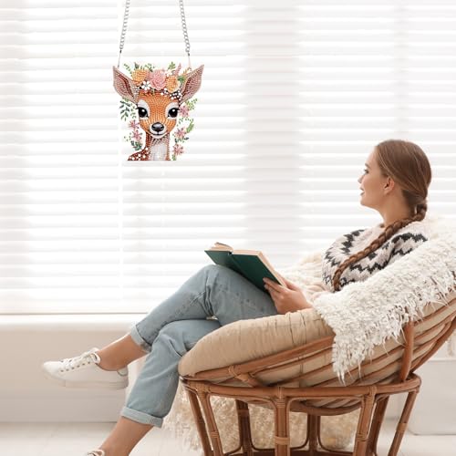 Image of Deer Princess Diamond Painting Hanging Pendant Set - DIY Acrylic Gemstone Art Board Kit with Special Shaped Crystal Diamonds, Wall Door Decoration for Home, Cute Animal Theme Craft Gift for Adults