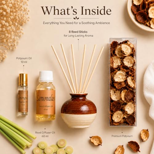 Image of AuraDecor Reed Diffuser Gift Set with Potpourri, Fragrance Oil & 6 Reed Sticks | Air Freshener for Living Room, Bedroom & Office | Decorative Aroma Diffuser Gift Set (Lemon Grass RD 10)