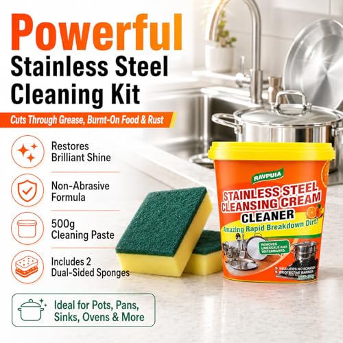 Image of STAINLESS STEEL CLEANER & POLISH - Heavy Duty Cleaning Paste for Stove, Oven, Pans, Cookware, Sink | All Purpose Multi-Purpose Household Cleaner | Removes Grease & Stains | with 2 Sponges (500g)