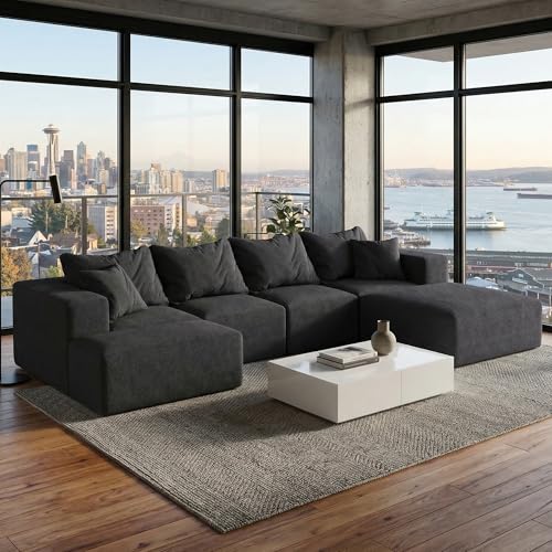 Image of 132 inch Modular Sectional Sleeper Sofa Couch, Modern Cloud Chenille Sectional Couch with Ottoman, Boneless U Shape Couches for Living Room, Free Combination, No Assembly Required, Black