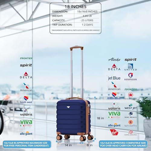 Image of Flight Knight Carry On Suitcase 18x14x8 inch Hardside Built In TSA Lock & USB Port Lightweight Luggage Silent Double Spinner Wheels Maximum Underseat Carry-On Bag For American & United Approved Airlines
